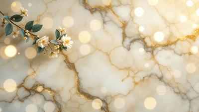 The primary subject of the image is a flower, which is placed on a marble surface. The setting is a white marble wall, and the visual style appears to be a photo. The dominant colors in the image are white and gold, creating a luxurious and elegant atmosphere.
