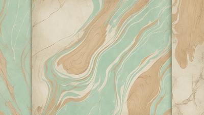 The primary subject of the image is a marble-like patterned wallpaper. The setting is a bathroom, with the wallpaper covering the walls. The visual style is a combination of a photo and a drawing, creating a unique and artistic appearance. The dominant colors are blue and green, giving the bathroom a calming and serene atmosphere.