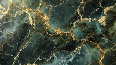 The primary subject of the image is a close-up of a marble wall with a gold-like texture. The setting is a dark room, and the visual style appears to be a photo. The dominant colors are black, gold, and green, creating a moody and luxurious atmosphere.