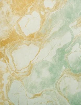 The primary subject of the image is a marble-like pattern with a mix of green, yellow, and white colors. The setting is a wall with a patterned surface, which adds to the visual style. The colors and mood of the image are vibrant and lively, creating a sense of depth and texture.