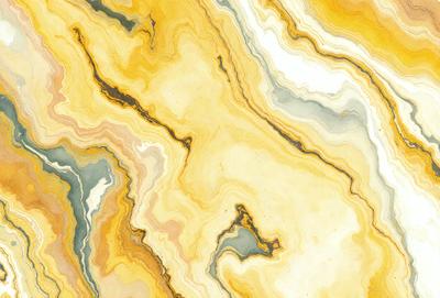 The primary subject of the image is a colorful, patterned marble tile. The setting is a wall, and the visual style is a close-up of the tile. The colors and mood of the image are vibrant and lively, with a mix of yellow, blue, and orange hues.
