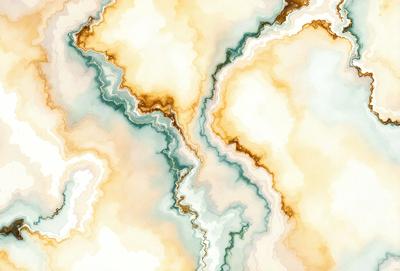 The primary subject of the image is a painting featuring a marbled design. The setting is a white background, and the visual style appears to be a combination of digital art and illustration. The colors and mood of the painting are predominantly yellow and blue, creating a warm and inviting atmosphere.