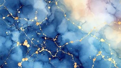 The primary subject of the image is a blue and gold painting, featuring a blue background with gold stars and lines. The setting is a painting, and the visual style is artistic. The dominant colors are blue and gold, creating a serene and calming atmosphere.