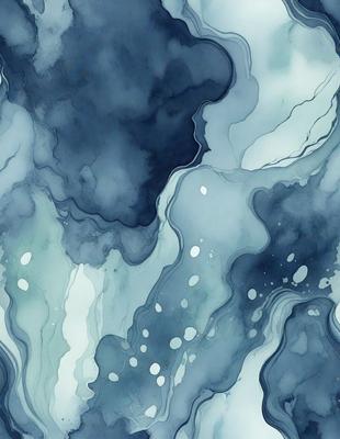 The primary subject of the image is a blue and white painting featuring a water-like scene with a cloudy sky. The setting is a blue background, and the visual style appears to be a digital art or illustration. The dominant colors in the painting are blue and white, creating a calm and serene atmosphere.