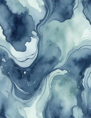 The primary subject of the image is a blue and white painting of a waterfall. The setting is a blue and white background, which creates a visually striking contrast with the painting. The visual style is a combination of digital art and illustration, giving the painting a unique and artistic appearance. The dominant colors are blue and white, creating a serene and calming atmosphere.