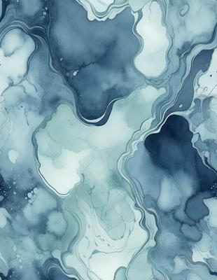 The primary subject of the image is a blue and white painting featuring a swirling design. The setting is a blue background, and the visual style appears to be a digital art or illustration. The dominant colors are blue and white, creating a calm and serene atmosphere.
