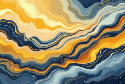 The primary subject of the image is a colorful, abstract painting featuring a mix of blue, yellow, and orange hues. The painting is set against a blue background, which adds to the overall atmosphere of the piece. The visual style of the painting is a combination of digital art and illustration, creating a unique and vibrant appearance. The colors and mood of the painting evoke a sense of energy and creativity, making it an eye-catching and engaging piece of art.