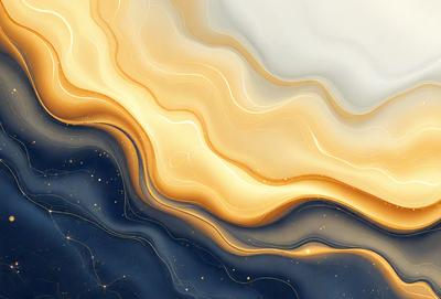 The primary subject of the image is a colorful, swirling pattern that resembles a wave or a flowing river. The setting is a blue background, which contrasts with the vibrant colors of the pattern. The visual style is a combination of digital art and illustration, creating a dynamic and eye-catching design. The dominant colors are gold, blue, and white, giving the image a warm and calming atmosphere.