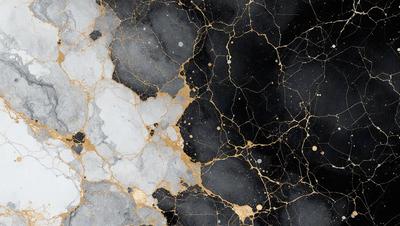 The primary subject of the image is a black and gold marble-like surface. The setting is a black and white background, which contrasts with the gold and black marble. The visual style is a combination of a photo and digital art, creating a unique and intricate pattern. The colors and mood of the image are predominantly black and gold, giving it a luxurious and elegant appearance.