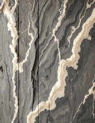 The primary subject of the image is a wooden wall with a unique and intricate design. The setting is a room with a wooden floor, and the visual style appears to be a combination of a photo and digital art. The colors and mood of the image are predominantly dark, with a focus on the wooden wall and its intricate patterns.