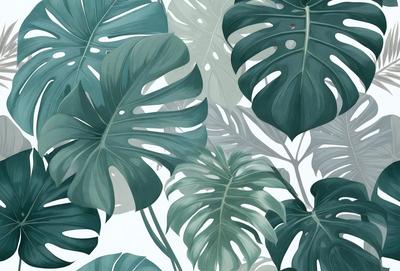 The primary subject of the image is a large green leaf, which is the main focus of the scene. The leaf is prominently displayed in the foreground, with a white background behind it. The visual style of the image is a combination of a photo and a drawing, creating a realistic yet artistic representation of the leaf. The colors and mood of the image are predominantly green, with a sense of freshness and natural beauty.