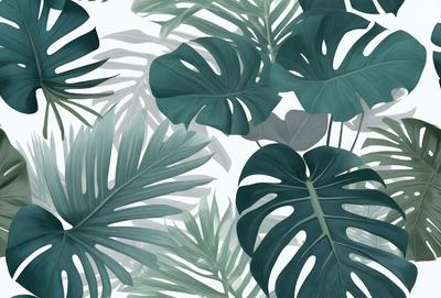 The image features a large group of green leaves, possibly from a palm tree, arranged in a pattern. The leaves are spread across the scene, with some overlapping and others standing alone. The primary subject of the image is the leaves, which are the main focus and create a lush, green atmosphere. The setting is a white background, which provides a clean and minimalistic backdrop for the leaves. The visual style of the image is a close-up of the leaves, showcasing their intricate details and textures.
