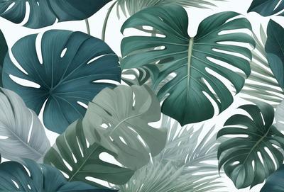 The image features a large group of green leaves, possibly from a palm tree, arranged in a visually appealing manner. The leaves are spread across the scene, with some overlapping and others standing alone. The primary subject of the image is the leaves, which are the main focus and create a lush, tropical atmosphere. The setting is a white background, which provides a clean and uncluttered environment for the leaves to stand out. The visual style of the image is a combination of photo and digital art, creating a real