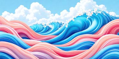 The primary subject of the image is a large, colorful wave with a blue and pink hue. The wave is depicted in a painting or digital art style, giving it a vibrant and lively appearance. The setting is a cloudy sky, which adds to the overall atmosphere of the scene. The colors and mood of the image are predominantly blue and pink, creating a sense of energy and movement.