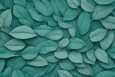 The primary subject of the image is a large collection of green leaves, which are arranged in a visually appealing manner. The leaves are displayed on a green background, creating a vibrant and lively atmosphere. The visual style of the image is a combination of a photo and digital art, as it captures the natural beauty of the leaves while also showcasing the artist's creativity in arranging them. The dominant colors in the image are green, which is the color of the leaves, and the green background, which comple