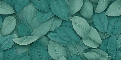 The primary subject of the image is a large collection of green leaves, which are arranged in a pattern. The leaves are displayed on a blue background, creating a visually appealing and vibrant scene. The visual style of the image is a combination of photo and digital art, as it appears to be a close-up of the leaves, yet the overall atmosphere is lively and fresh. The dominant colors in the image are green and blue, which contribute to the overall mood of the scene.