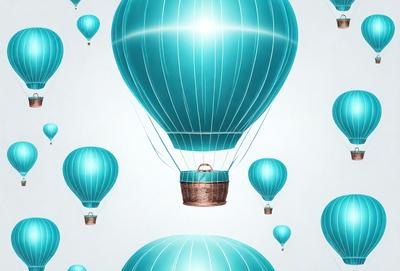 The primary subject of the image is a blue hot air balloon with a wicker basket. The setting is a white background, and the visual style is digital art. The dominant colors are blue and white, creating a calm and serene atmosphere.