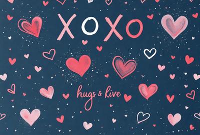 The primary subject of the image is a painting or drawing of hearts, with the word "XOXO" written above them. The setting is a blue background, and the visual style appears to be a combination of digital art and illustration. The dominant colors are pink and red, creating a warm and loving atmosphere.