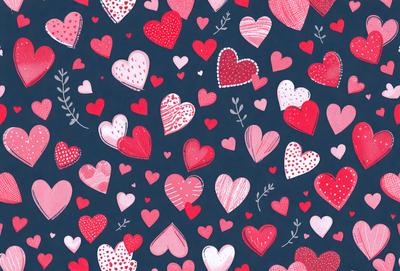 The primary subject of the image is a pattern of hearts, which are scattered across a blue background. The hearts come in various sizes and are arranged in a visually appealing manner. The visual style of the image is a combination of digital art and illustration, creating a vibrant and lively atmosphere. The dominant colors in the image are red and pink, which are associated with love and affection. Overall, the image conveys a sense of warmth and happiness, with the hearts symbolizing love and the blue background providing