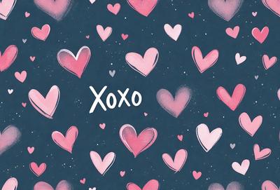 The primary subject of the image is the word "XOXO" written in a heart shape. The setting is a blue background with a pattern of hearts surrounding the word. The visual style is a combination of digital art and illustration, creating a unique and creative design. The colors and mood of the image are predominantly pink and heartwarming, evoking feelings of love and affection.