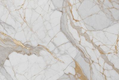 The primary subject of the image is a marble countertop with a gold-colored border. The setting is a kitchen, and the visual style is a close-up of the marble countertop. The colors and mood of the image are predominantly white and gold, giving it a luxurious and elegant appearance.