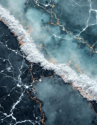 The primary subject of the image is a large, white, frothy wave. The wave is crashing against a black and blue marbled surface, creating a striking contrast between the white wave and the dark background. The visual style of the image is a photo, capturing the dynamic nature of the wave as it breaks. The colors and mood of the image are predominantly dark, with the white wave standing out as the focal point.