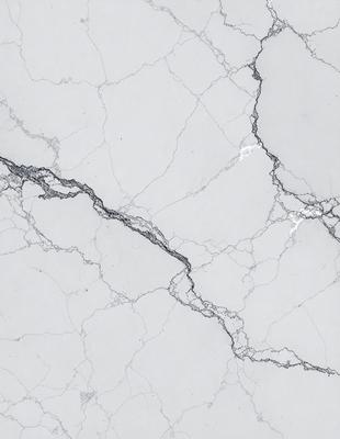 The primary subject of the image is a cracked marble wall. The setting is a room with a white marble surface. The visual style is a black and white photo. The dominant colors are white and gray, creating a stark and dramatic atmosphere.