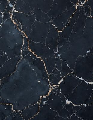 The primary subject of the image is a black marble countertop with gold veins running through it. The setting is a dark room, and the visual style is a close-up of the marble countertop. The colors and mood of the image are dark and dramatic, with the gold veins adding a touch of luxury and sophistication to the overall atmosphere.