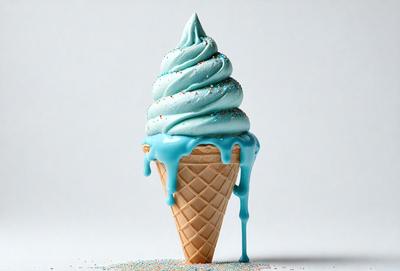 The primary subject of the image is a large, colorful, and creatively designed ice cream cone. The cone is made to look like a blue and white swirl, and it is dripping with blue icing. The setting is a white background, which provides a clean and uncluttered look to the image. The visual style is a combination of photo and digital art, creating a unique and eye-catching presentation. The colors and mood of the image are vibrant and cheerful, with the blue and white