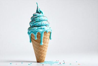 The primary subject of the image is a large, colorful, and creatively designed ice cream cone. The cone is dripping with blue and green icing, and it is topped with a generous amount of sprinkles. The setting is a white background, which provides a clean and uncluttered look to the image. The visual style is a combination of photo and digital art, creating a vibrant and eye-catching presentation. The colors and mood of the image are lively and cheerful, with