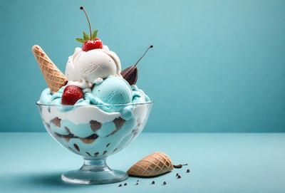 The primary subject of the image is a large bowl filled with various desserts, including ice cream, fruit, and chocolate. The bowl is placed on a table, and the desserts are arranged in a visually appealing manner. The setting is a blue background, which adds a vibrant and cool atmosphere to the scene. The visual style is a close-up of the desserts, showcasing the details and textures of the different ingredients. The colors and mood of the