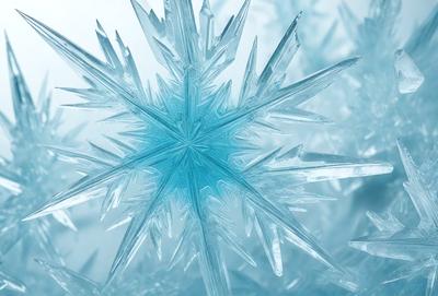 The primary subject of the image is a large, blue, snowflake-shaped ornament. The setting is a snowy environment, with the ornament being the main focus of the image. The visual style is a close-up of the ornament, showcasing its intricate details. The dominant colors are blue and white, creating a cold and wintry atmosphere.