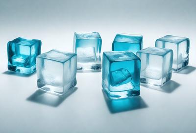The primary subject of the image is a group of blue ice cubes. They are arranged on a white surface, which serves as the setting and background. The visual style of the image is a photo, capturing the details and colors of the ice cubes. The dominant colors in the image are blue and white, creating a cool and refreshing atmosphere.