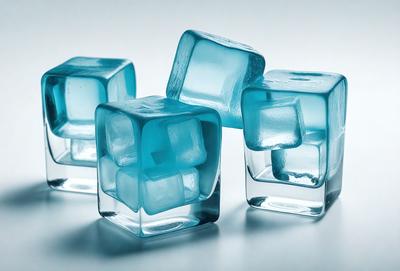 The primary subject of the image is a group of four blue ice cubes. They are placed on a white surface, which serves as the setting and background. The visual style of the image is a photo, capturing the details and colors of the ice cubes. The dominant colors in the image are blue and white, creating a cool and refreshing atmosphere.