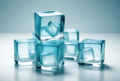 The primary subject of the image is a group of blue ice cubes. They are arranged in a visually appealing manner, with some cubes placed on top of each other. The setting is a white surface, which provides a clean and minimalistic backdrop for the ice cubes. The visual style of the image is a close-up of the ice cubes, showcasing their unique and intricate shapes. The colors and mood of the image are predominantly blue, which adds a sense of coolness and tranqu
