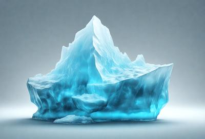The primary subject of the image is a large, blue, icy-looking structure, possibly a glacier or a frozen mountain. The setting is a gray background, which contrasts with the blue and white colors of the main subject. The visual style appears to be a digital art or illustration, as the subject is depicted in a detailed and realistic manner. The colors and mood of the image are predominantly cool and icy, reflecting the nature of the subject matter.