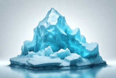The primary subject of the image is a large, blue, icy mountain. The setting is a white background, which contrasts with the blue ice. The visual style is a digital art or illustration, creating a striking and unique image. The dominant colors are blue and white, giving the scene a cool and icy atmosphere.
