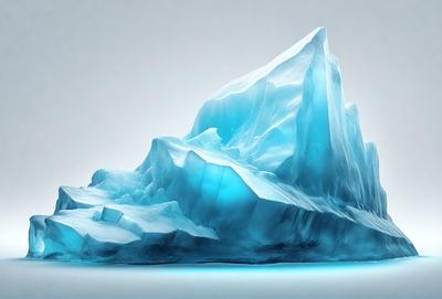 The primary subject of the image is a large, blue, icy mountain. The setting is a white background, which contrasts with the blue ice of the mountain. The visual style is digital art, as the mountain is depicted in a 3D digital format. The colors and mood of the image are predominantly blue, giving the impression of a cold and icy environment.