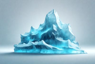 The primary subject of the image is a large, blue, icy mountain. The setting is a gray background, which contrasts with the blue mountain. The visual style is digital art, as the mountain is depicted in a stylized manner. The dominant colors are blue and gray, creating a cool and icy atmosphere.