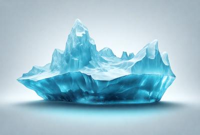The primary subject of the image is a large, blue, icy-looking structure, possibly a glacier or a mountain. The setting is a white background, which contrasts with the blue structure. The visual style appears to be a digital art or illustration, as the blue structure is depicted in a detailed and realistic manner. The colors and mood of the image are predominantly blue, giving it a cool and icy atmosphere.