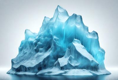 The primary subject of the image is a large, blue, icy mountain. The setting is a vast, open water body, likely an ocean. The visual style is a digital art or illustration, creating a striking and realistic representation of the icy mountain. The dominant colors are blue and white, giving the image a cool and serene atmosphere.