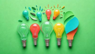 The primary subject of the image is a row of five light bulbs, each with a different color. The setting is a green background, which adds a vibrant and lively atmosphere to the scene. The visual style is a combination of photo and digital art, creating a realistic yet artistic representation of the light bulbs. The colors and mood of the image are predominantly bright and cheerful, with the green background further enhancing the overall positive vibe.