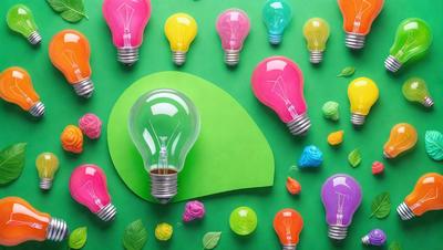 The primary subject of the image is a collection of colorful light bulbs, which are displayed on a green background. The light bulbs come in various colors, including pink, yellow, green, and blue. The visual style of the image is a combination of photo and digital art, creating a vibrant and lively atmosphere. The colors and mood of the image are predominantly cheerful and energetic, with the bright colors of the light bulbs adding a sense of warmth and positivity to the scene.