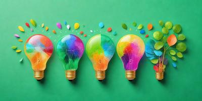 The primary subject of the image is a row of five colorful light bulbs, each with a different color. The setting is a green background, which creates a vibrant and lively atmosphere. The visual style is a combination of photo and digital art, as the light bulbs are depicted in a realistic manner while the background is digitally created. The colors and mood of the image are bright, cheerful, and energetic, as the various colors of the light bulbs create a dynamic and lively scene.