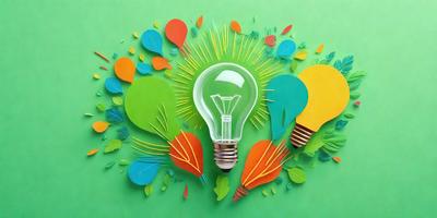 The primary subject of the image is a light bulb, which is the main object in the scene. The light bulb is surrounded by a variety of leaves, creating a vibrant and lively visual style. The setting is a green background, which adds to the overall atmosphere of the image. The colors and mood of the image are predominantly green, with the light bulb being the focal point and the leaves surrounding it, creating a sense of energy and creativity.