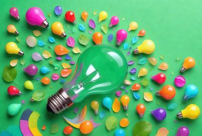 The primary subject of the image is a green light bulb, which is the main focus of the scene. The light bulb is surrounded by a variety of colorful leaves, creating a vibrant and lively atmosphere. The setting is a green background, which complements the colorful leaves and adds to the overall visual style. The image is a digital artwork, showcasing the artist's creativity and attention to detail. The dominant colors in the image are green, yellow, orange, and purple, which contribute to