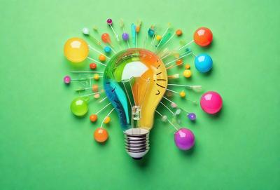 The primary subject of the image is a light bulb with a rainbow of colors surrounding it. The light bulb is the focal point of the scene, and it is placed on a green surface. The visual style of the image is a combination of photo and digital art, creating a vibrant and colorful display. The colors and mood of the image are lively and cheerful, with the rainbow colors adding a sense of joy and creativity to the scene.