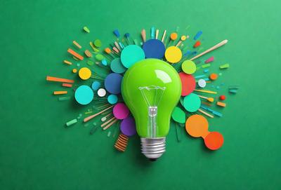 The primary subject of the image is a green light bulb, which is the main focus of the scene. The light bulb is placed on a green background, giving it a vibrant and lively appearance. The visual style of the image is a combination of photo and digital art, creating a unique and eye-catching design. The colors and mood of the image are predominantly green, with the light bulb being the main source of color and energy.