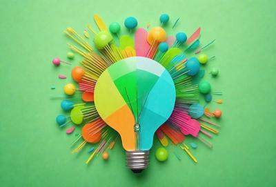 The primary subject of the image is a light bulb, which is the main object in the scene. The light bulb is placed on a green background, giving it a vibrant and lively appearance. The visual style of the image is a combination of photo and digital art, creating a unique and eye-catching design. The colors and mood of the image are predominantly green and bright, with the light bulb being the focal point and the background providing a contrasting and complementary hue.