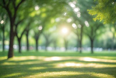 The primary subject of the image is a lush green park with a sunny day. The setting is a grassy field surrounded by trees, creating a serene and peaceful atmosphere. The visual style is a photo, capturing the natural beauty of the park. The colors and mood are predominantly green, with the sunlight creating a warm and inviting ambiance.